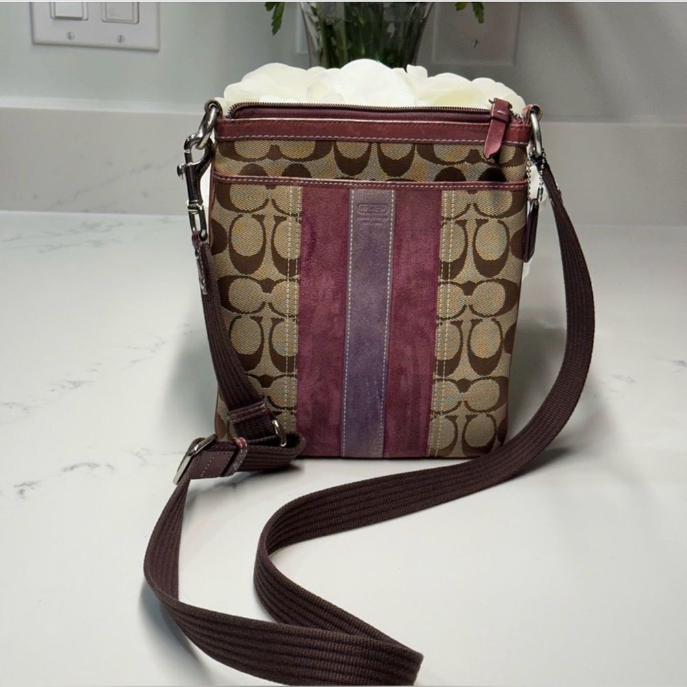 Coach Crossbody Bag in Brown and Plum Stripe